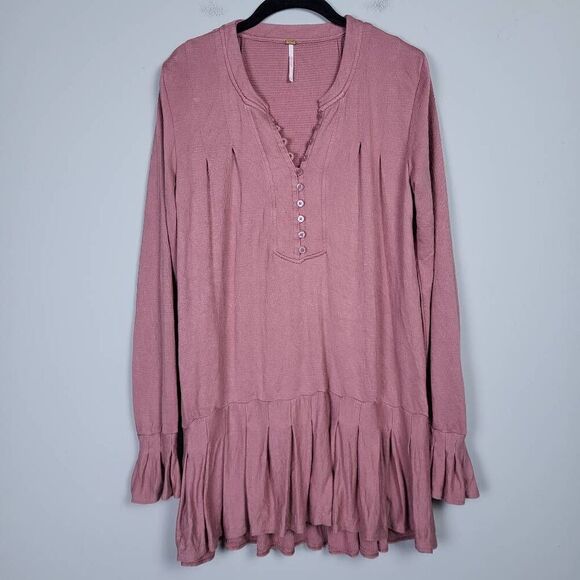 Free People Womens Your Girl Thermal Henley Tunic Top Pink Size Small Boho Flowy - Picture 1 of 8